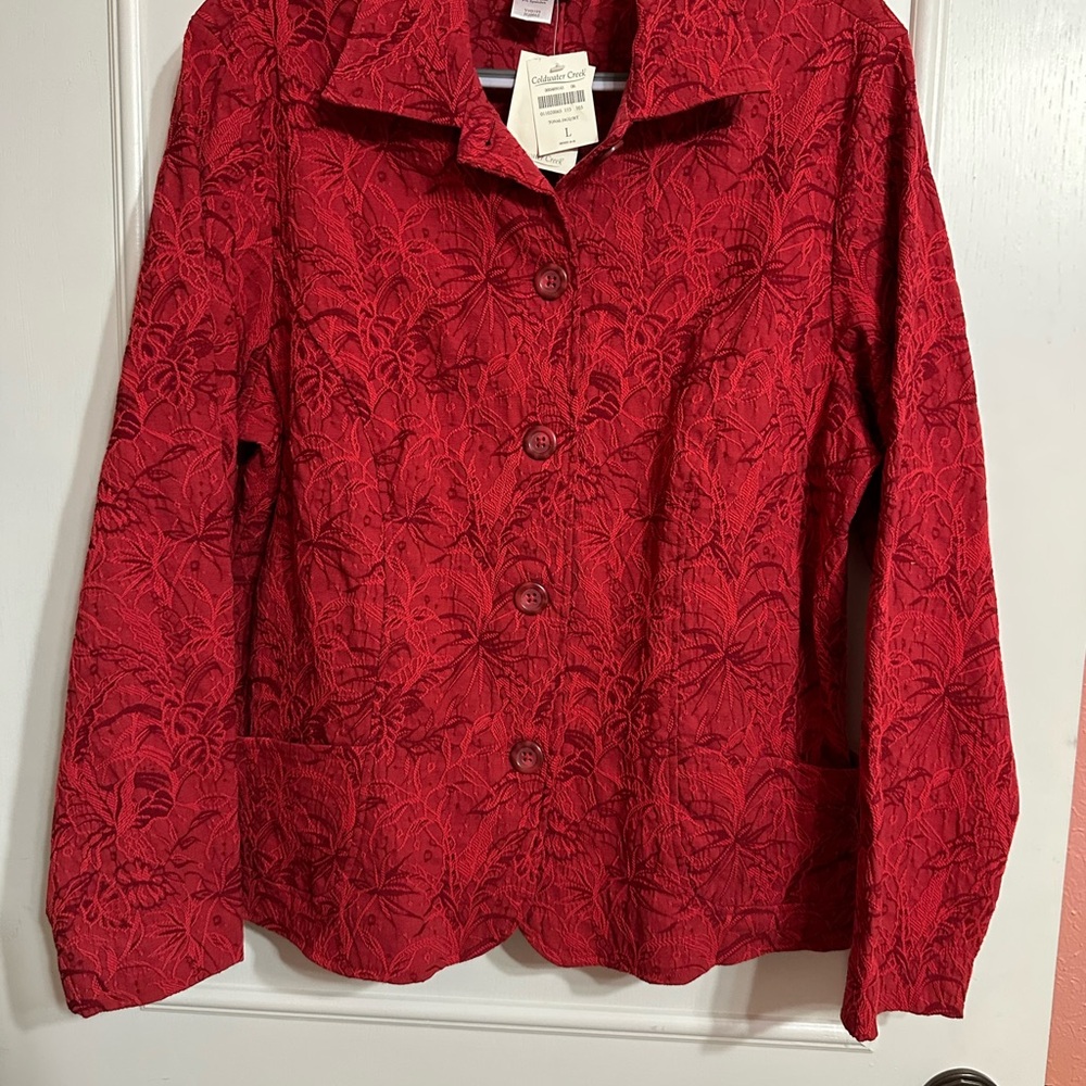 Red Tonal Embroidered Floral Button-Up Jacket by Coldwater Creek Size L   NWT